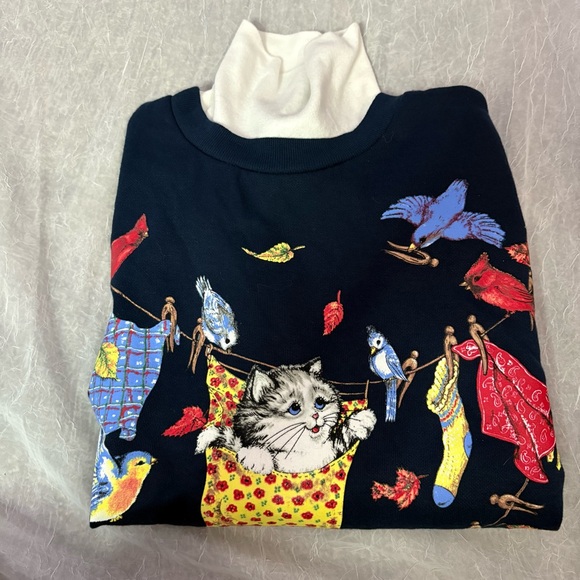 Basic Editions vintage Dark Blue Turtleneck fall style with kitten and birds - Picture 4 of 10